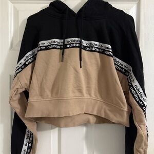 Adidas Women's Black and Beige Cropped Hoodie